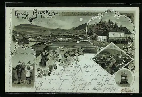 Mondschein-Lithographie Bruck a. Mur, Schlossberg, Mürzthaler Volkstracht