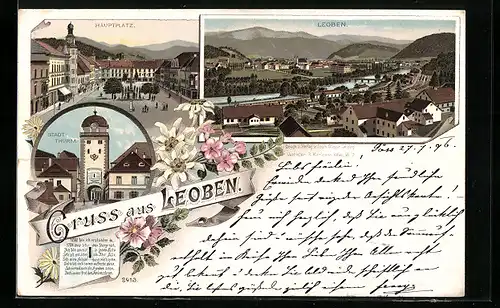 Lithographie Leoben, Hauptplatz, Stadtturm, Ortsansicht aus der Vogelschau