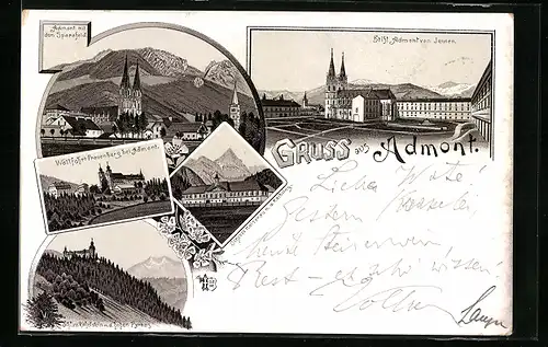 Lithographie Admont, Schloss Kaiserau, Stift, Wallfahrt Frauenberg