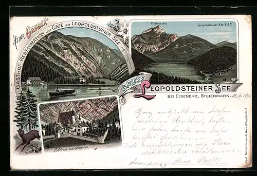 Lithographie Eisenerz, Gasthaus am Leopoldsteiner See, Schloss Leopoldstein, Leopoldsteiner See & Pfaffenstein