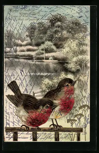Präge-AK Rotkehlchenpaar an einem Gewässer
