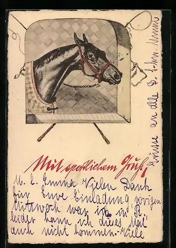 AK Pferd vor gekreuzten Peitschen