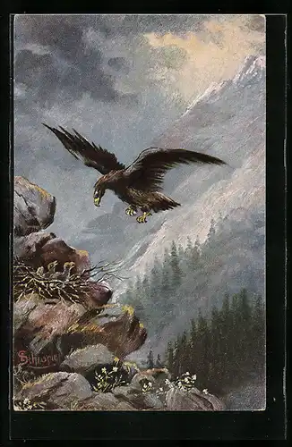 Künstler-AK Adler kehrt zurück zu seinem Nest mit den Jungtieren