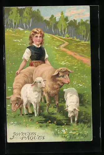 AK junge Frau mit Schafen auf der Weide, Ostern
