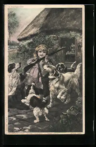 Künstler-AK Mädchen mit Flinte wird von Jagdhunden umringt