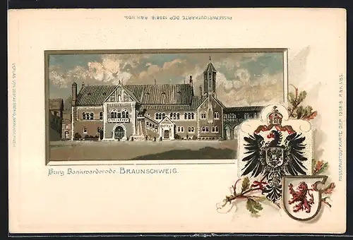 Passepartout-Lithographie Braunschweig, Blick zur Burg Bankwarderode & Wappen