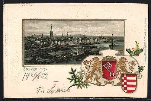 Passepartout-Lithographie Bremerhaven, Ortsansicht mit Hafen aus der Vogelschau, Wappen