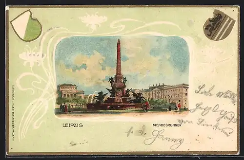 Passepartout-Lithographie Leipzig, Mendebrunnen mit Passanten, Wappen