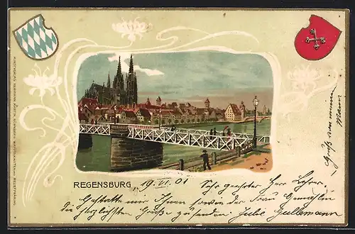 Passepartout-Lithographie Regensburg, Brücke mit Stadtpanorama, Wappen