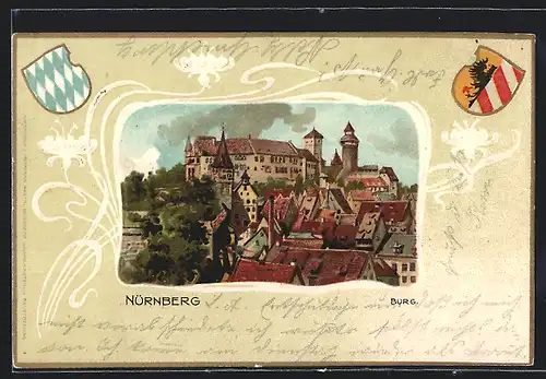 Passepartout-Lithographie Nürnberg, Blick zur Burg mit Wappen