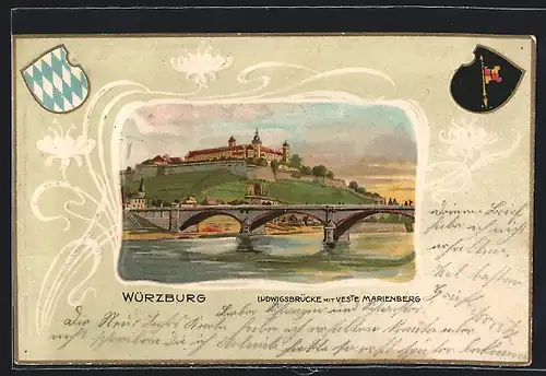 Passepartout-Lithographie Würzburg, Ludwigsbrücke mit Veste Marienberg, Wappen