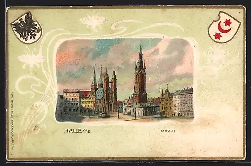 Passepartout-Lithographie Halle a. S., Markt mit Kirche