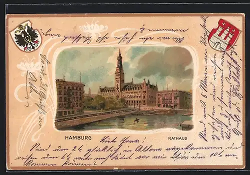 Passepartout-Lithographie Hamburg, Rathaus vom Wasser aus, Wappen