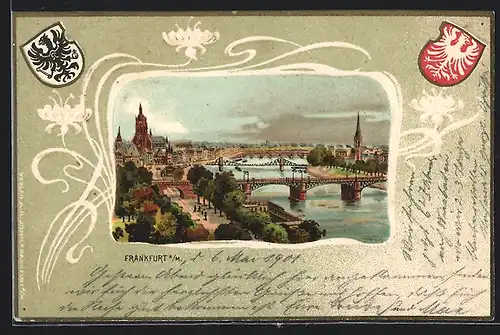 Passepartout-Lithographie Frankfurt, Totaleansicht vom Ort aus der Vogelschau, Wappen