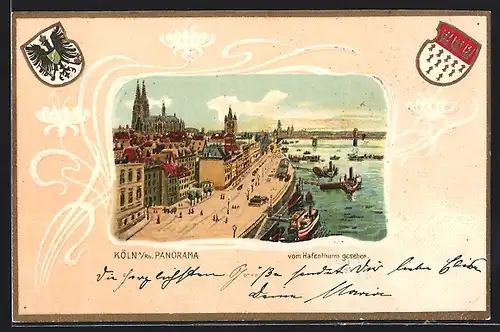 Passepartout-Lithographie Köln, Panorama vom Hafenturm gesehen, Wappen