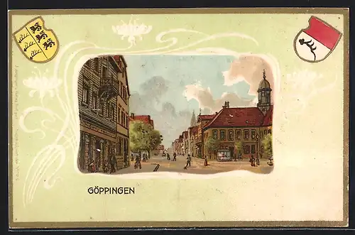 Passepartout-Lithographie Göppingen, Ortspartie, Wappen, Ornamente