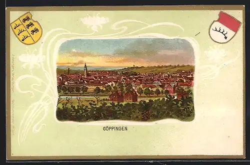 Passepartout-Lithographie Göppingen, Ortsansicht im Abendlicht, Wappen