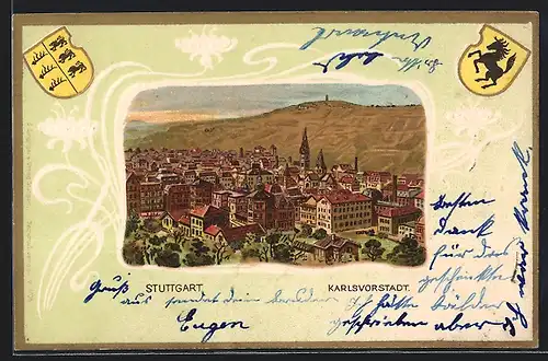 Passepartout-Lithographie Stuttgart, Karlsvorstadt aus der Vogelschau, Wappen