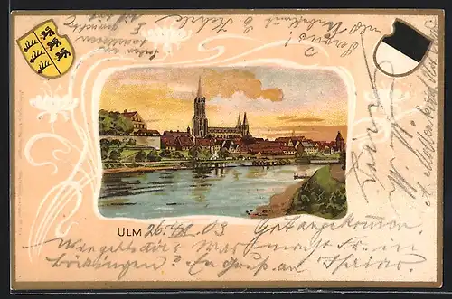 Passepartout-Lithographie Ulm, Uferpartie mit Kirche, Wappen