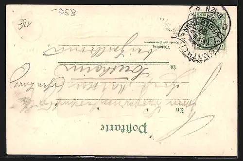 Passepartout-Lithographie Ulm, Uferpartie mit Kirche, Wappen