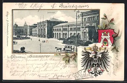 Passepartout-Lithographie Hannover, Partie am Bahnhof mit Pferdebahn, Wappen