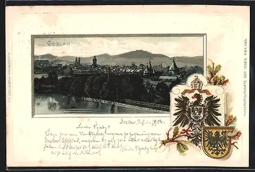 Passepartout-Lithographie Goslar, Panoramablick auf den Ort am Harz, Wappen