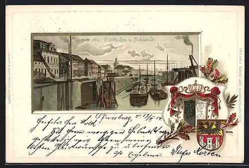 Passepartout-Lithographie Duisburg, Zollhafen und Schleuse, Wappen