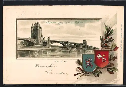 Passepartout-Lithographie Worms, Ernst Ludwigs-Brücke und Wappen