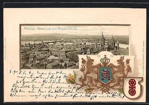 Passepartout-Lithographie Mainz, Teilansicht vom Stephansturm, Stadt-Wappen