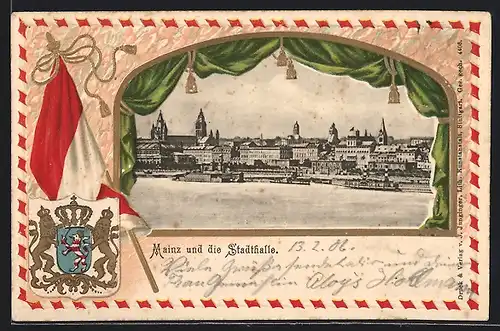 Passepartout-Lithographie Mainz, Mainz und die Stadthalle hinter einem Vorhang, Fahne, Wappen