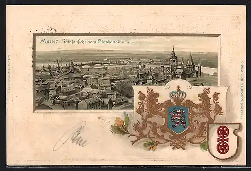 Passepartout-Lithographie Mainz, Totalansicht vom Stephansthurm mit Wappen