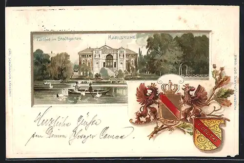 Passepartout-Lithographie Karlsruhe, Parthie im Stadtgarten, Wappen