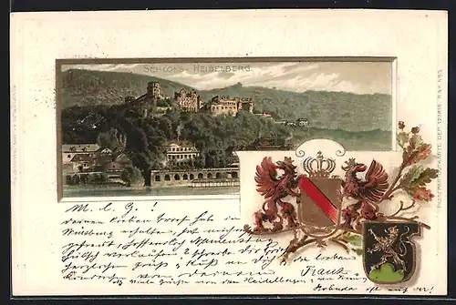 Passepartout-Lithographie Heidelberg, Ausblick auf das Schloss, Wappen