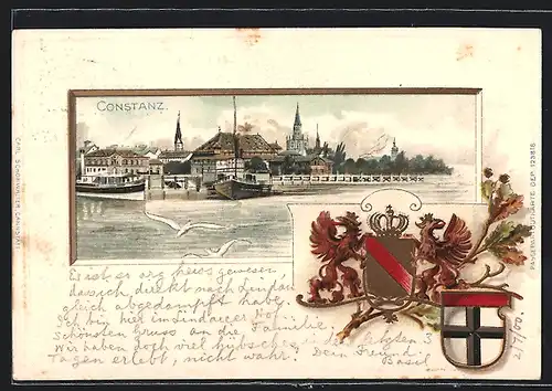 Passepartout-Lithographie Konstanz, Uferpartie mit Dampfboot, Wappen