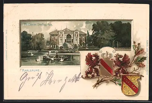 Passepartout-Lithographie Karlsruhe, Parthie im Stadtgarten, Wappen