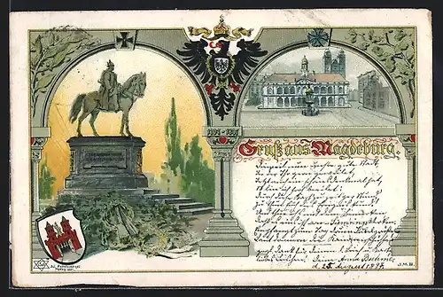 Passepartout-Lithographie Magdeburg, Kaiser-Denkmal, Rathaus, Wappen