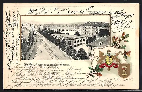 Passepartout-Lithographie Stuttgart, Grosse Infanteriekaserne aus der Vogelschau, Wappen mit Eichenlaub