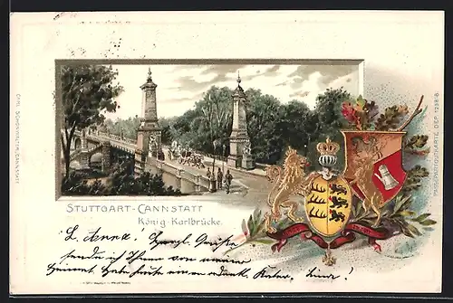 Lithographie Stuttgart-Cannstatt, König-Karlbrücke mit Wappen