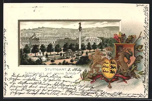 Passepartout-AK Stuttgart, Blick auf Schlossplatz mit neuem Schloss, Wappen