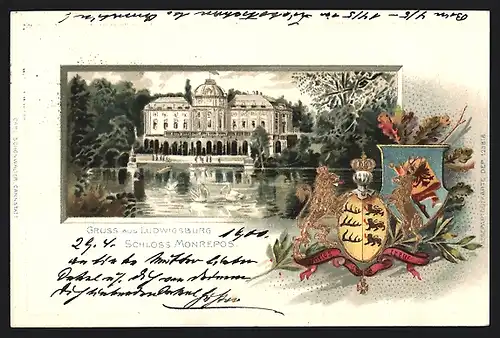 Passepartout-Lithographie Ludwigsburg, Partie am Schloss Monrepos mit Wappen