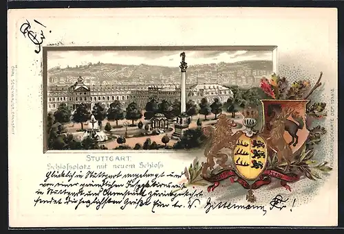 Passepartout-Lithographie Stuttgart, Schlossplatz mit neuem Schloss und Wappen