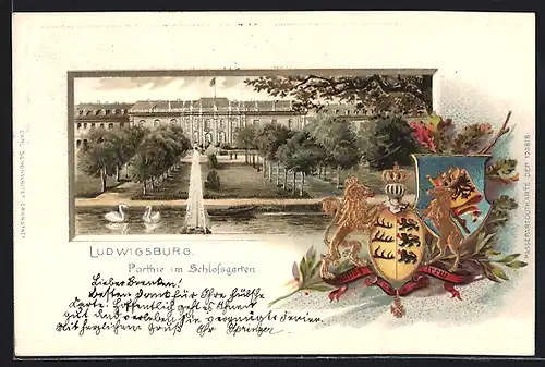 Passepartout-Lithographie Ludwigsburg, Parthie im Schlossgarten, Geprägte Wappen