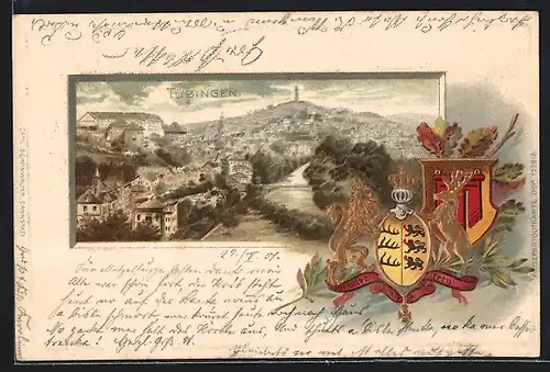 Passepartout-Lithographie Tübingen, Ortsansicht gegen Warte, Wappen
