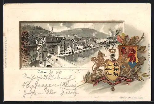 Passepartout-Lithographie Calw, Blick auf die Stadt mit Wappen