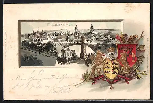 Passepartout-Lithographie Freudenstadt, Gesamtansicht, Wappen