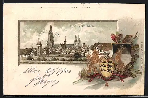 Passepartout-Lithographie Ulm, Teilansicht von Neu-Ulm aus gesehen, Wappen