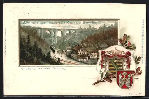 Passepartout-Lithographie Barthmühle, Bahnhof mit Elsterthalbrücke