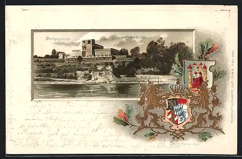 Passepartout-Lithographie Aschaffenburg, Pompejanum vom Wasser gesehen, Wappen