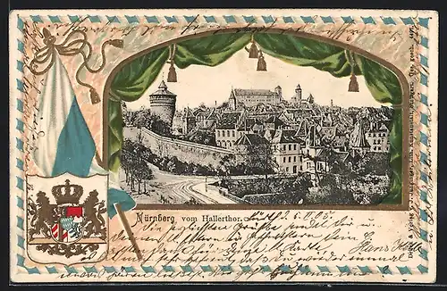 Passepartout-Lithographie Nürnberg, Panorama vom Hallerthor aus, Wappen