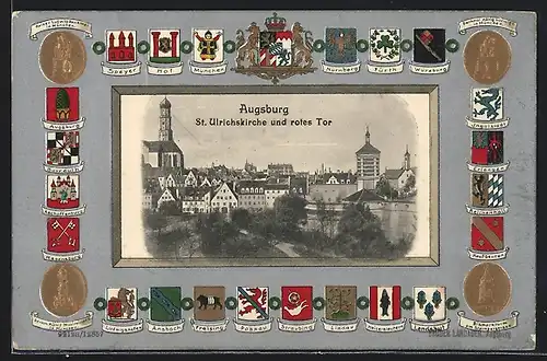 Passepartout-Lithographie Augsburg, St. Ulrichskirche und rotes Tor, Städtewappen, Gedenkmünzen